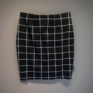 Women's Black White Grid Checkered Pencil Midi Skirt Elastic Waist Size 12